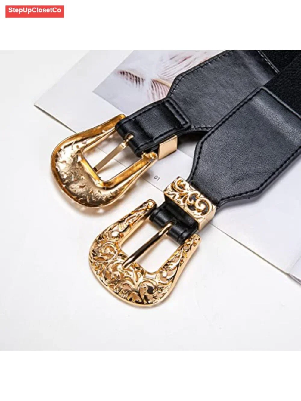 Vintage Western Adjustable Elastic Belt with Double Buckle and Gold Chains for